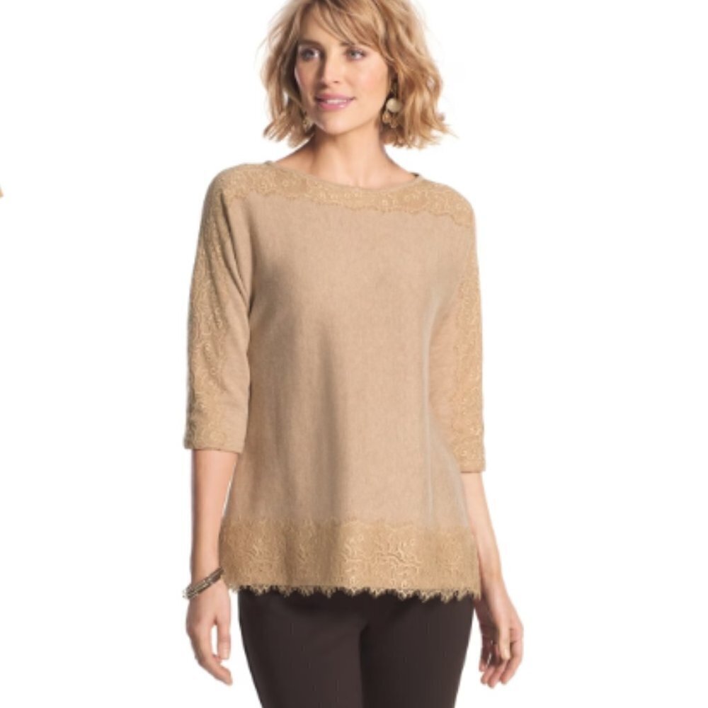 NWT Chico’s Amina Lace Trim Pullover Sweater Camel XXL 4